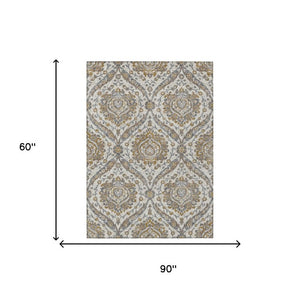 5x8 Beige Blue Floral Polyester Area Rug Washable Stain Resistant Indoor Outdoor