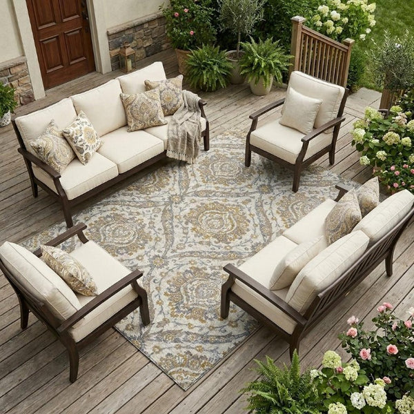 8x10 Beige Blue Floral Polyester Area Rug Stain Resistant for Patio or Living Room
