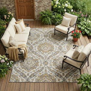9 X 12 Beige Blue Floral Polyester Area Rug Stain Resistant for Patio or Living Room
