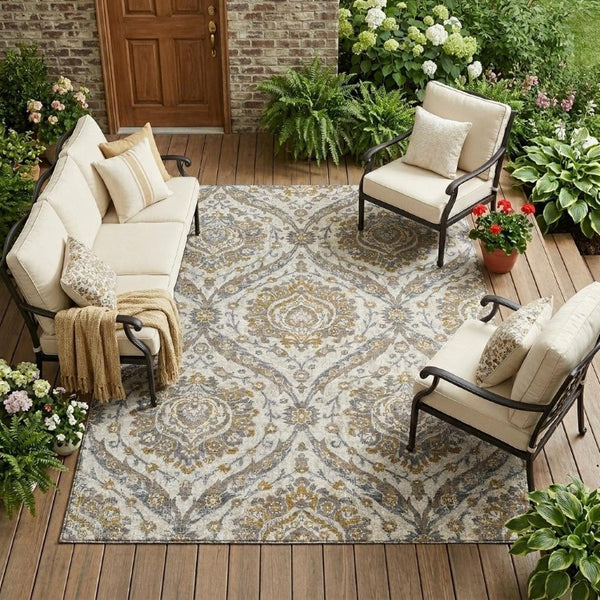 9 X 12 Beige Blue Floral Polyester Area Rug Stain Resistant for Patio or Living Room