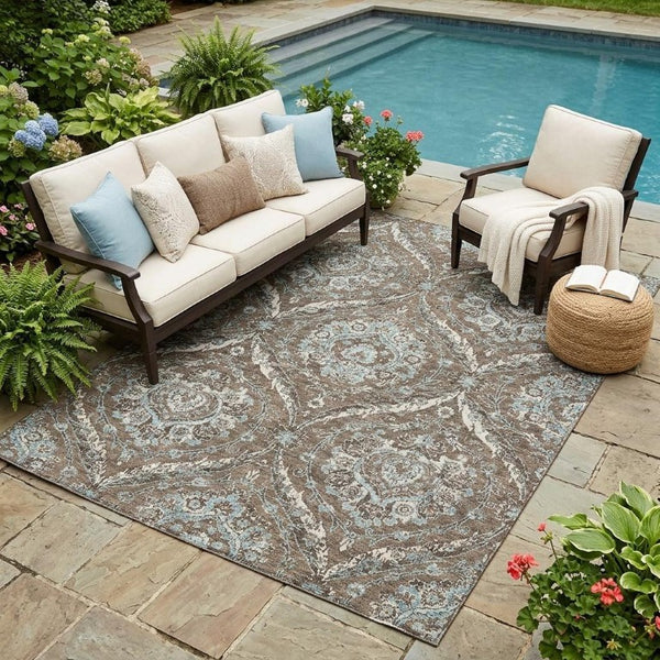 5 X 8 Floral Polyester Area Rug Stain Resistant Indoor Outdoor Patio Living Room