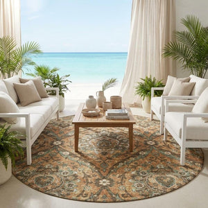 8 Foot Round Floral Polyester Area Rug in Copper Gold for Indoor Outdoor Use