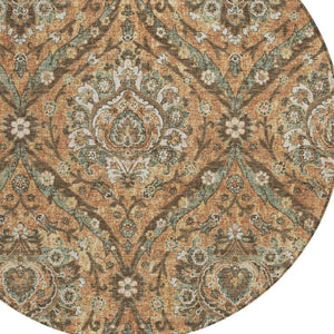 8 Foot Round Floral Polyester Area Rug in Copper Gold for Indoor Outdoor Use