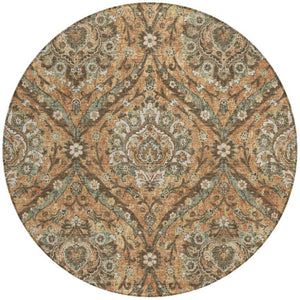 8 Foot Round Floral Polyester Area Rug in Copper Gold for Indoor Outdoor Use