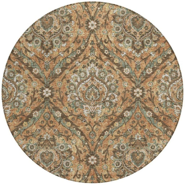 8 Foot Round Floral Polyester Area Rug in Copper Gold for Indoor Outdoor Use