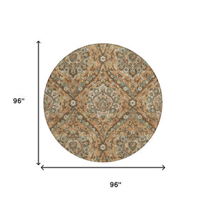 8 Foot Round Floral Polyester Area Rug in Copper Gold for Indoor Outdoor Use