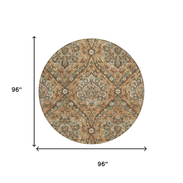 8 Foot Round Floral Polyester Area Rug in Copper Gold for Indoor Outdoor Use