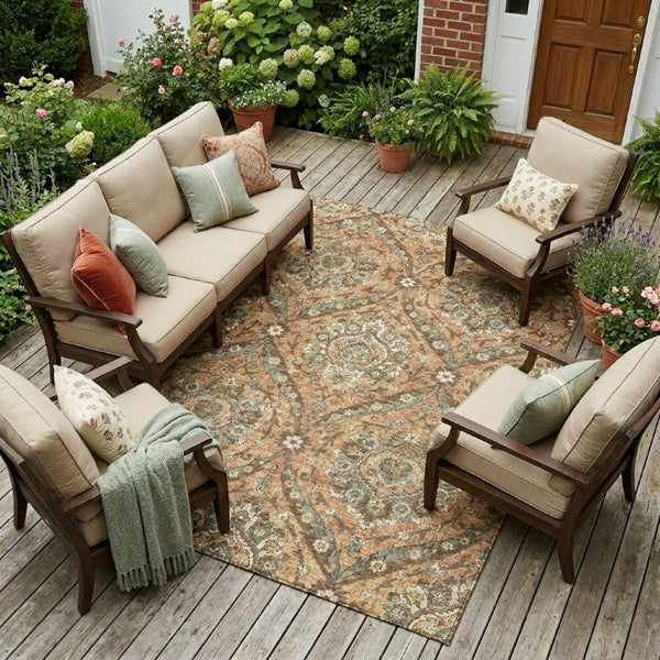 8x10 Floral Polyester Area Rug Stain Resistant Indoor Outdoor Copper Gold Tones