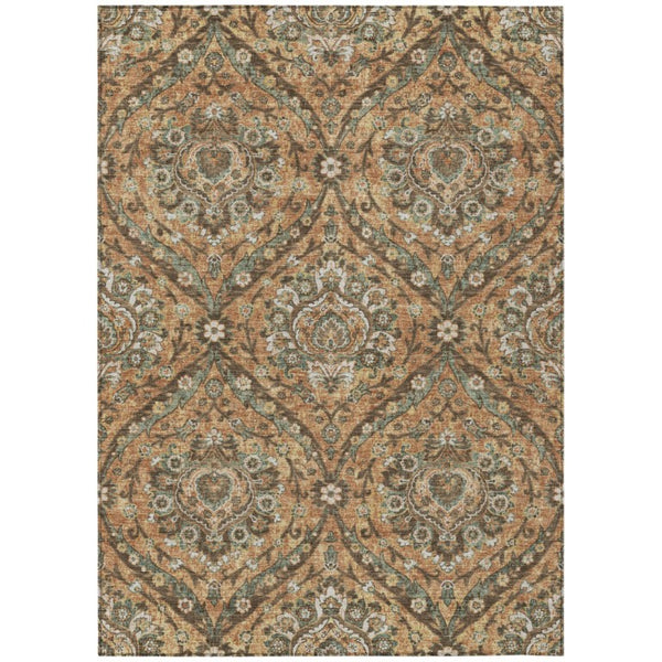 HomeRoots 8x10 Floral Polyester Area Rug Stain Resistant Indoor Outdoor Copper Gold Tones 737264
