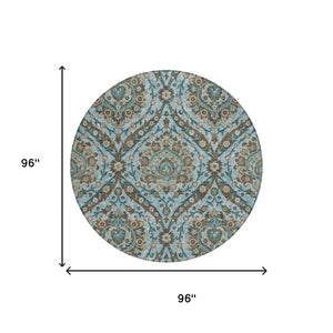 8 Ft Round Floral Teal Polyester Area Rug Washable for Patio Porch or Family Room