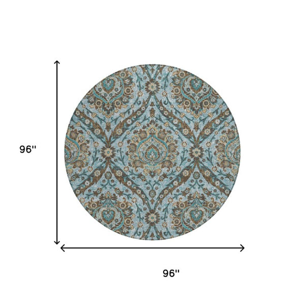 8 Ft Round Floral Teal Polyester Area Rug Washable for Patio Porch or Family Room
