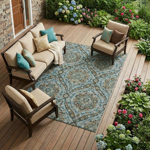 8 X 10 Teal Floral Polyester Area Rug Washable Stain Resistant Indoor Outdoor Use