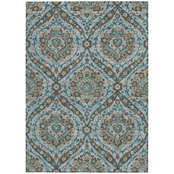 8 X 10 Teal Floral Polyester Area Rug Washable Stain Resistant Indoor Outdoor Use