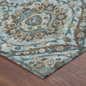 8 X 10 Teal Floral Polyester Area Rug Washable Stain Resistant Indoor Outdoor Use