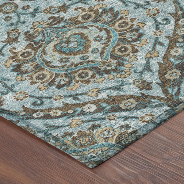 8 X 10 Teal Floral Polyester Area Rug Washable Stain Resistant Indoor Outdoor Use