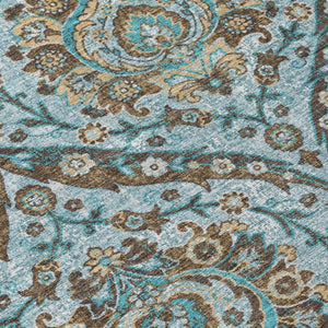 8 X 10 Teal Floral Polyester Area Rug Washable Stain Resistant Indoor Outdoor Use