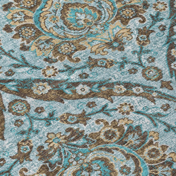 8 X 10 Teal Floral Polyester Area Rug Washable Stain Resistant Indoor Outdoor Use