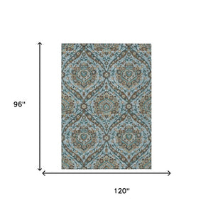 8 X 10 Teal Floral Polyester Area Rug Washable Stain Resistant Indoor Outdoor Use