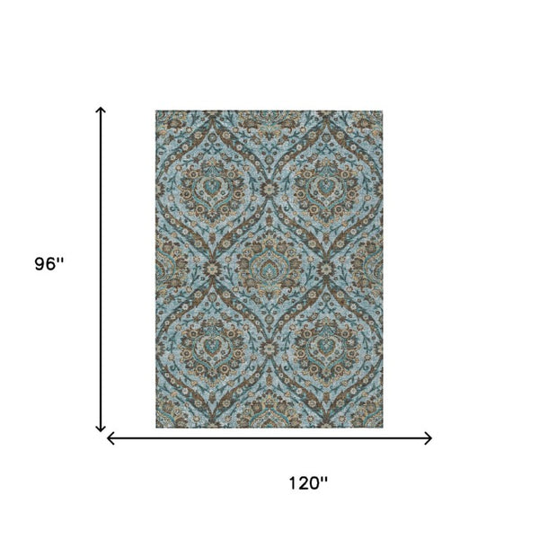 8 X 10 Teal Floral Polyester Area Rug Washable Stain Resistant Indoor Outdoor Use