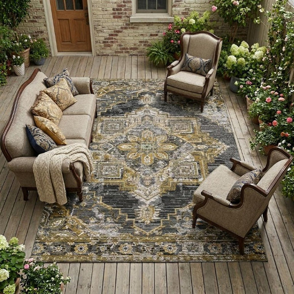 9x12 Oriental Polyester Area Rug Stain Resistant Washable for Patio or Living Room