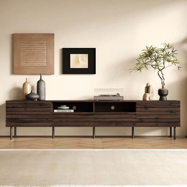 English Elm 78 Inch Walnut Media Console with Slatted Doors Iron Legs and Cable Management N710P373591Q