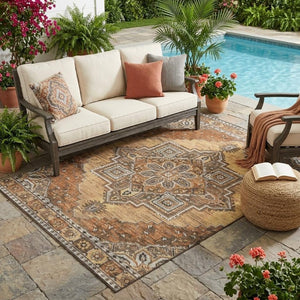 5x8 Copper Beige Oriental Polyester Area Rug Stain Resistant Indoor Outdoor Use