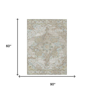 5x8 Ivory Orange Oriental Polyester Area Rug Washable Stain Resistant Indoor Outdoor