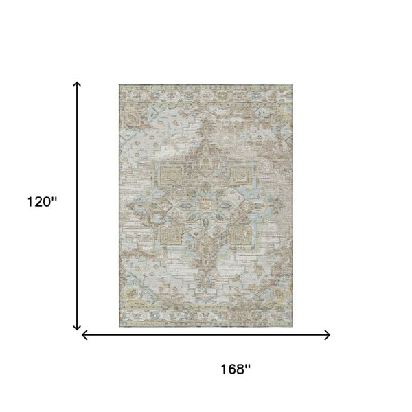 10 Ft X 14 Ft Ivory Orange Oriental Polyester Indoor Outdoor Washable Area Rug