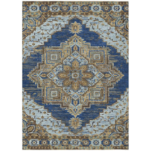 HomeRoots 5x8 Navy Linen Oriental Polyester Area Rug Washable for Patio Porch or Living Room 737322