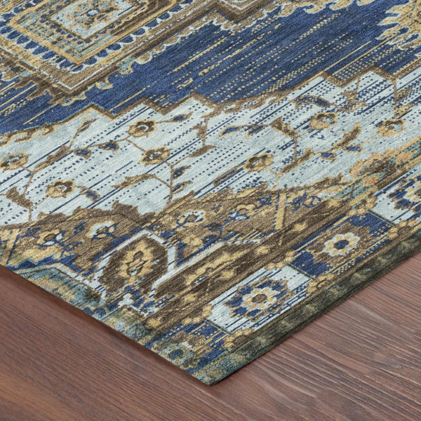5x8 Navy Linen Oriental Polyester Area Rug Washable for Patio Porch or Living Room