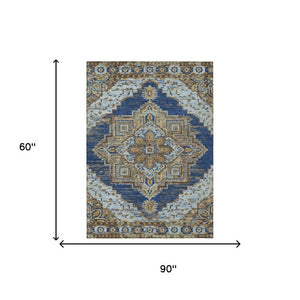 5x8 Navy Linen Oriental Polyester Area Rug Washable for Patio Porch or Living Room