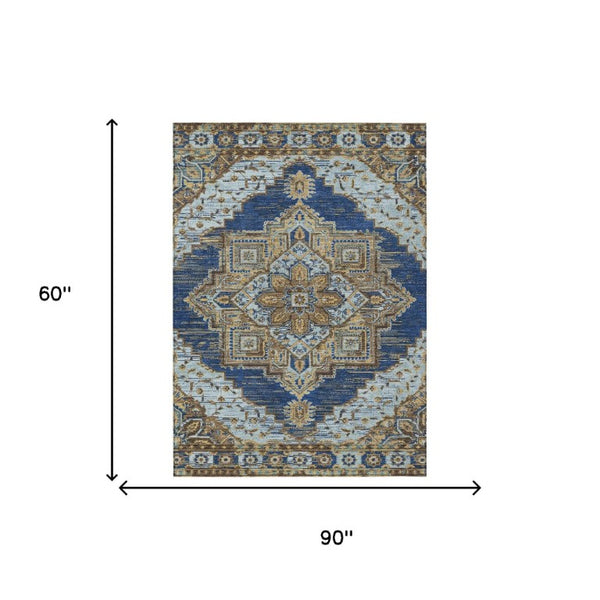 5x8 Navy Linen Oriental Polyester Area Rug Washable for Patio Porch or Living Room