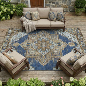 9x12 Navy Linen Oriental Polyester Area Rug Stain Resistant Indoor Outdoor Use