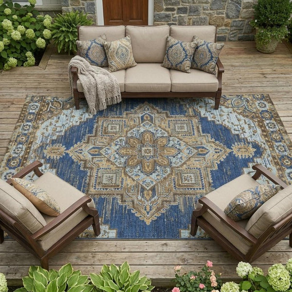 9x12 Navy Linen Oriental Polyester Area Rug Stain Resistant Indoor Outdoor Use