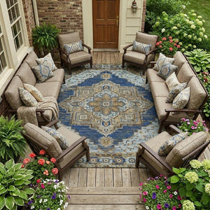 10 X 14 Navy Oriental Polyester Area Rug Washable for Indoor Outdoor Spaces