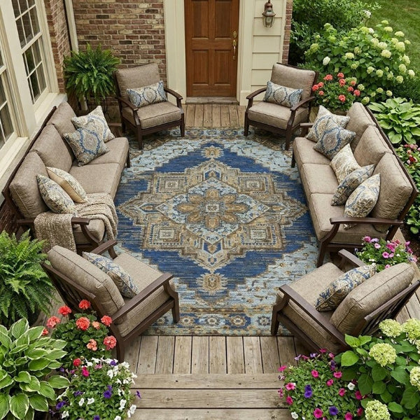 10 X 14 Navy Oriental Polyester Area Rug Washable for Indoor Outdoor Spaces