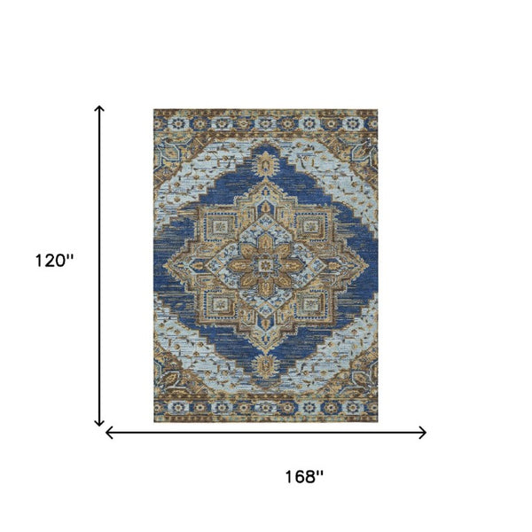 10 X 14 Navy Oriental Polyester Area Rug Washable for Indoor Outdoor Spaces