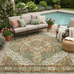 5 X 8 Olive Green Blue Oriental Polyester Indoor Outdoor Rug Stain Resistant