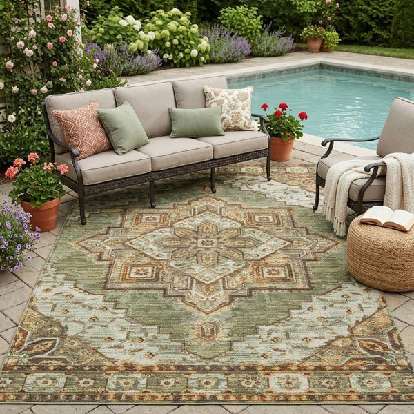 5 X 8 Olive Green Blue Oriental Polyester Indoor Outdoor Rug Stain Resistant