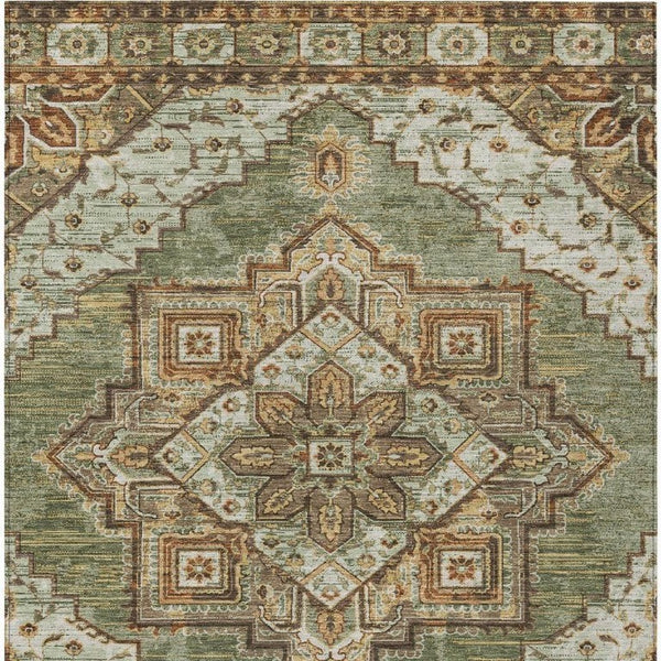 5 X 8 Olive Green Blue Oriental Polyester Indoor Outdoor Rug Stain Resistant