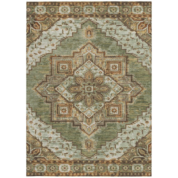 5 X 8 Olive Green Blue Oriental Polyester Indoor Outdoor Rug Stain Resistant