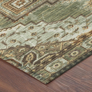 5 X 8 Olive Green Blue Oriental Polyester Indoor Outdoor Rug Stain Resistant