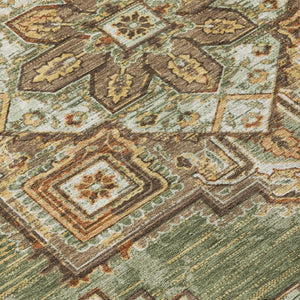 5 X 8 Olive Green Blue Oriental Polyester Indoor Outdoor Rug Stain Resistant