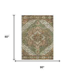 5 X 8 Olive Green Blue Oriental Polyester Indoor Outdoor Rug Stain Resistant