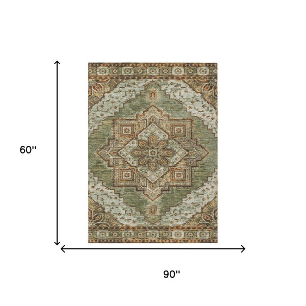 5 X 8 Olive Green Blue Oriental Polyester Indoor Outdoor Rug Stain Resistant