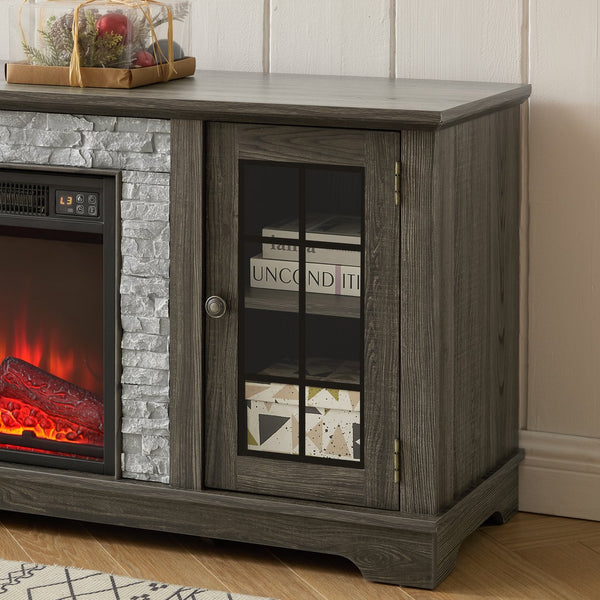 English Elm 58" Modern TV Stand with 18" Electric Fireplace, Faux Stone Mantel, Ample Storage & Cable Management for Living Room Comfort and Style Grey W2275S00027