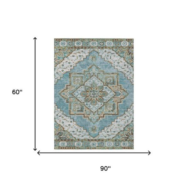 5x8 Teal Graphite Oriental Polyester Area Rug Washable for Indoor Outdoor Use