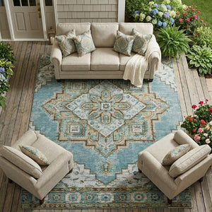 8x10 Oriental Polyester Area Rug Washable Stain Resistant Indoor Outdoor Teal