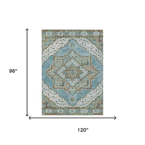 8x10 Oriental Polyester Area Rug Washable Stain Resistant Indoor Outdoor Teal