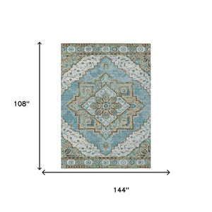 9 X 12 Teal Graphite Oriental Polyester Area Rug Washable for Patio or Living Room